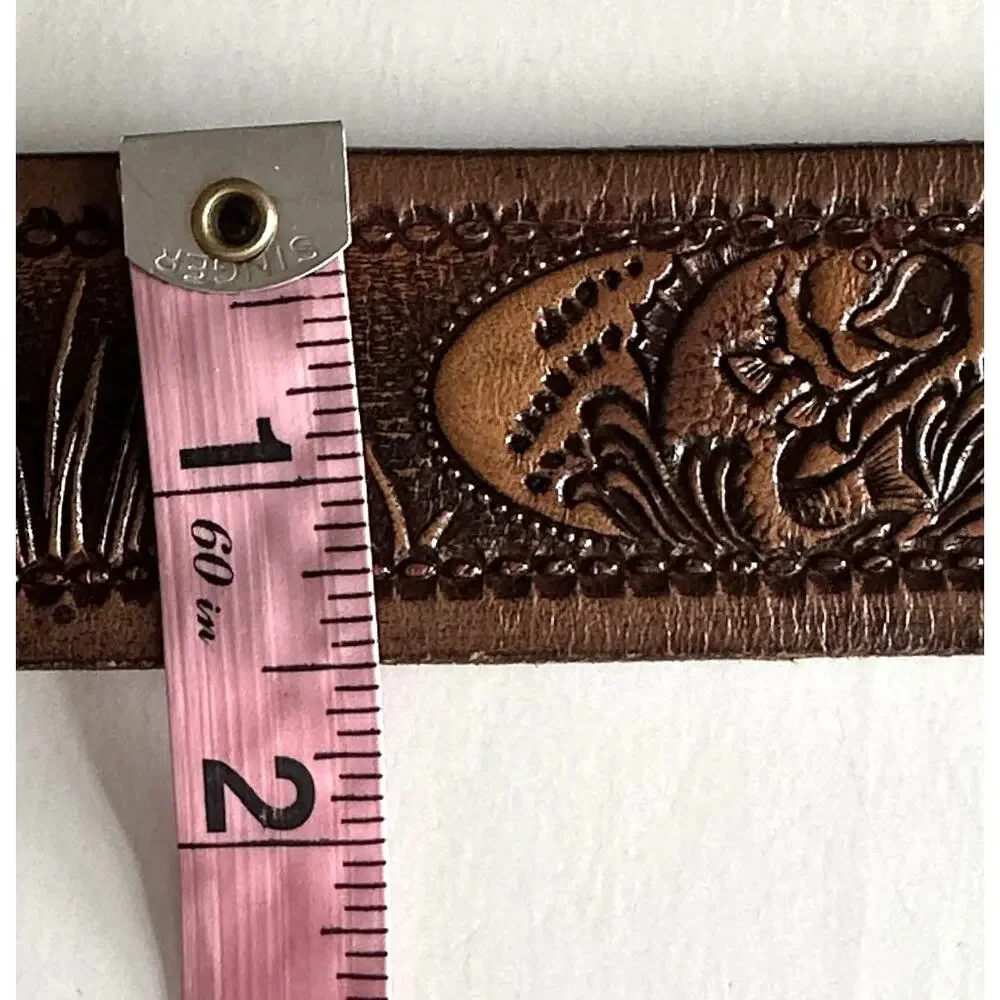 Grandpa Fishing Belt Mens Size 40 Brown Tooled Cowhide Leather Fish